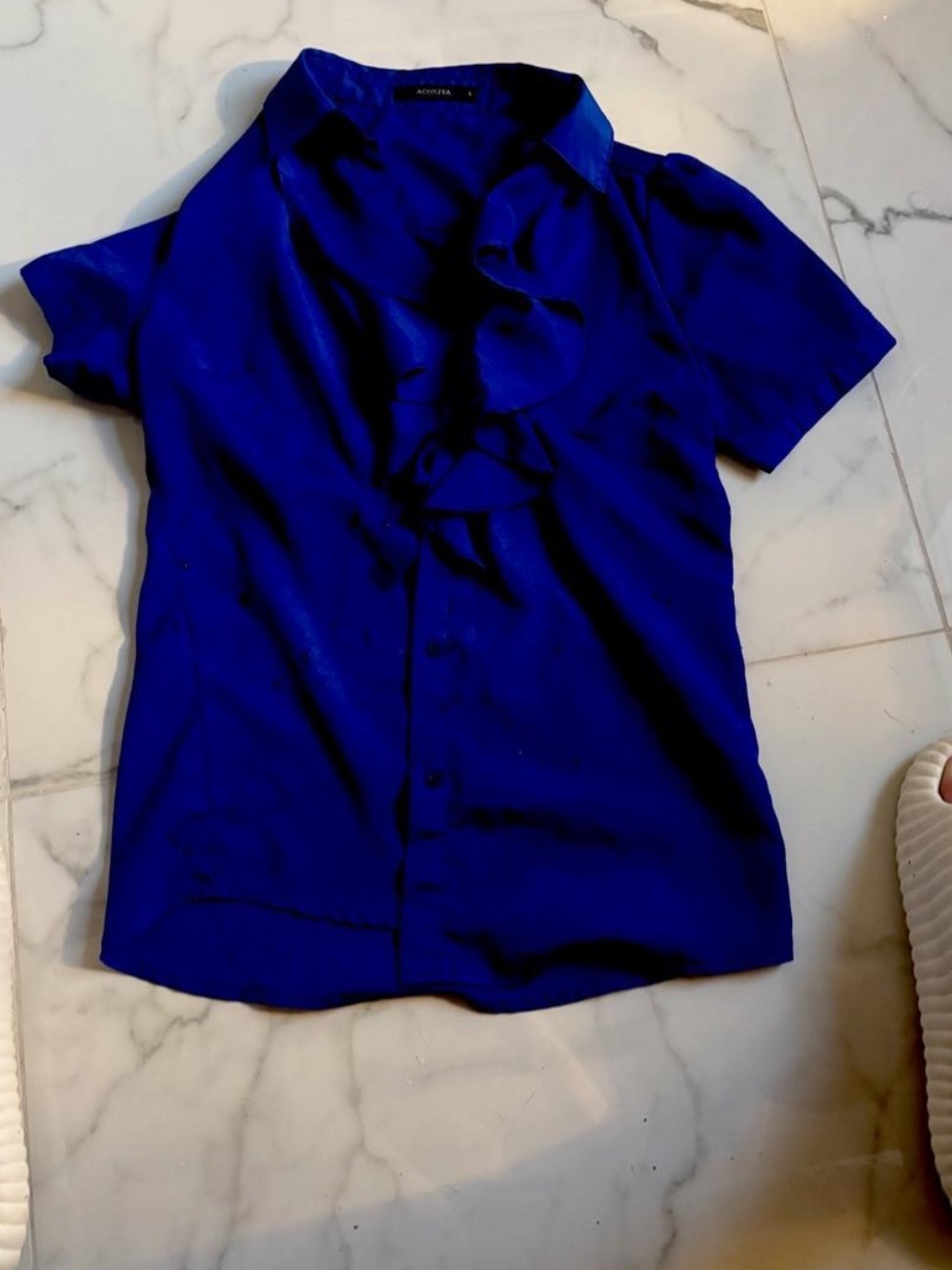 Alfani Cobalt Blue Ruffle Front Short Sleeve Blouse